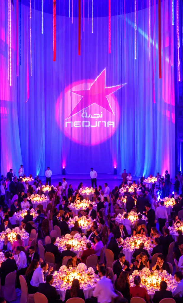 Atrium de réception Nedjma : voiles suspendus, lumière et tables du dîner