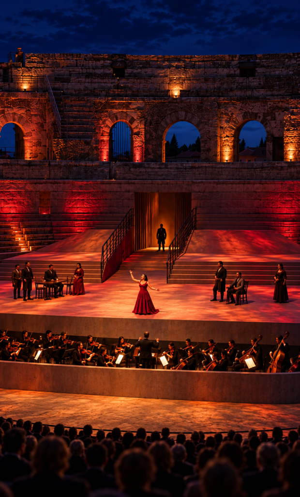 Intention de lumière et de mise en scène pour Carmen, de nuit, aux Arènes de Nîmes