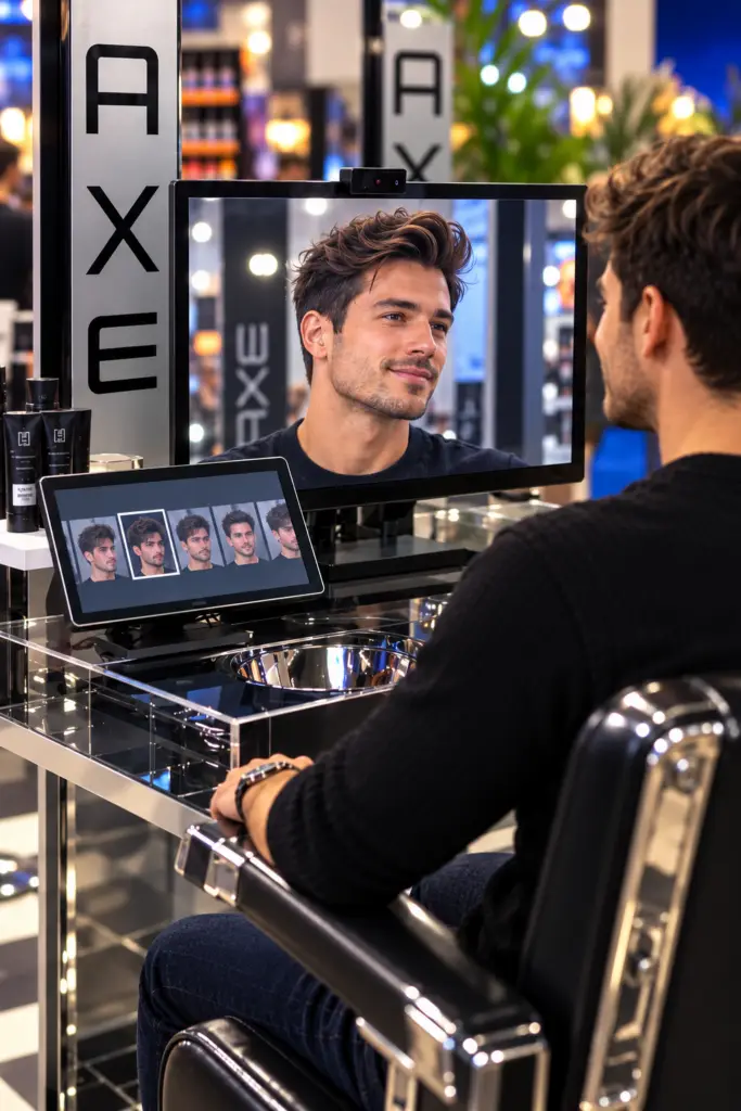Espace AXE HAIR inspiré du salon de coiffure : fauteuil, miroir et lumière
