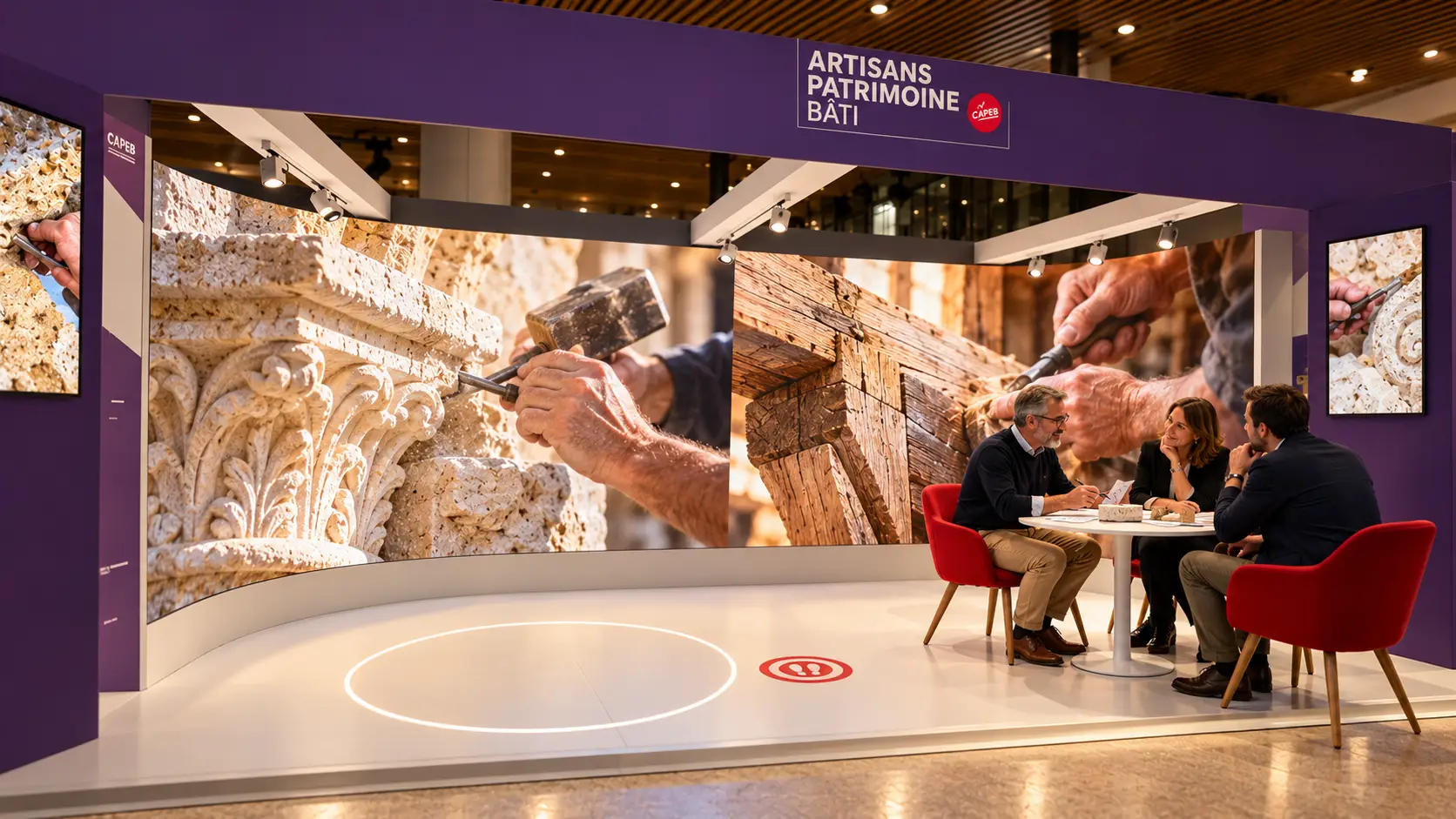 Échanges entre visiteurs et artisans sur le stand CAPEB