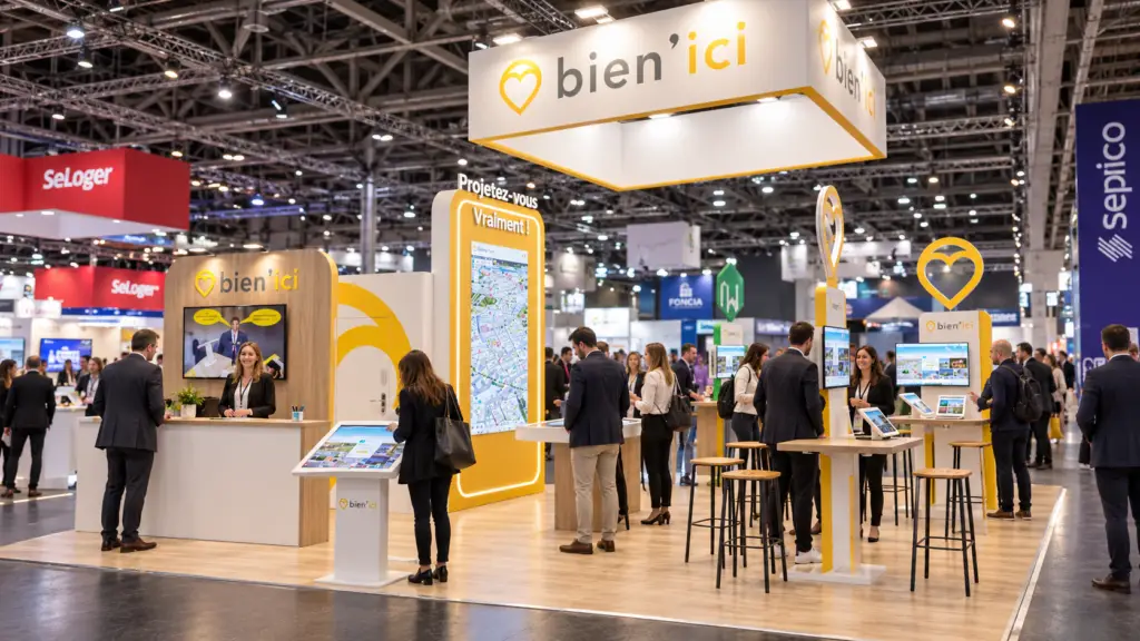 Espace Bien’ici au salon RENT 2024 : bois clair, lumière et identité jaune