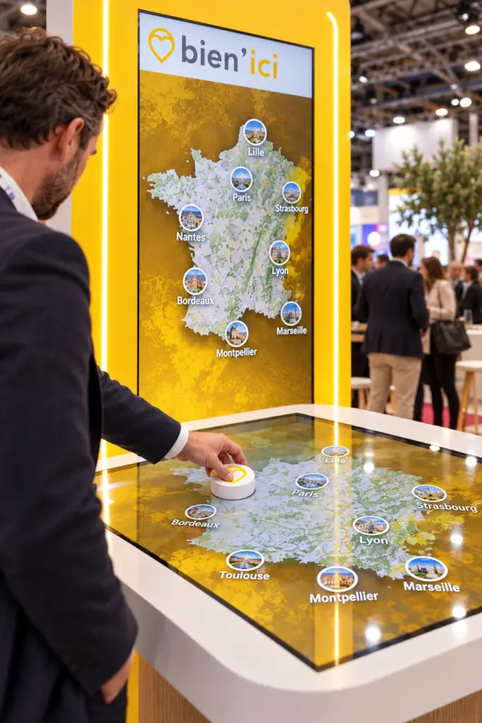 Espace Bien’ici au salon RENT 2024 : bois clair, lumière et identité jaune